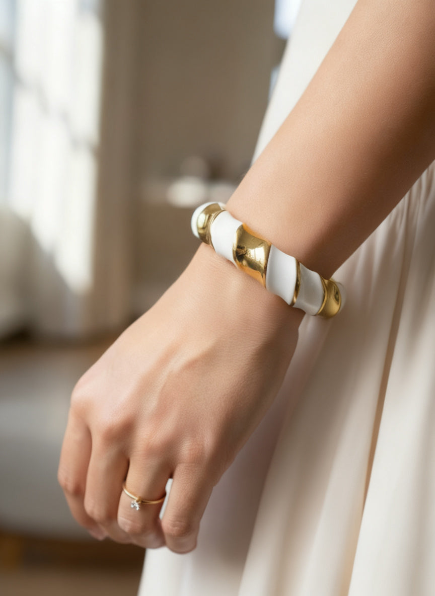 Boho Bold Bangle -White & Gold